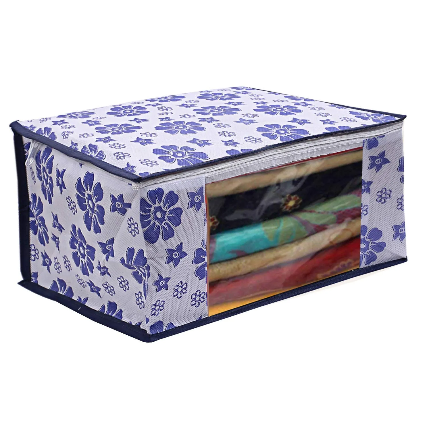 Kuber Industries Flower Printed Non Woven 6 Pieces Saree Cover and 6 Pieces Underbed Storage Bag, Cloth Organizer for Storage, Blanket Cover Combo Set (Royal Blue) - CTKTC038629