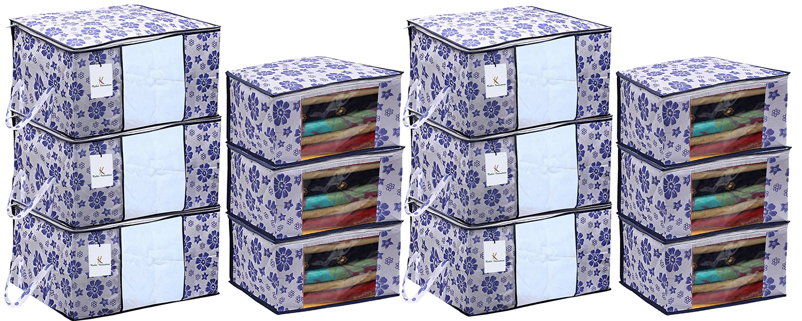 Kuber Industries Flower Printed Non Woven 6 Pieces Saree Cover and 6 Pieces Underbed Storage Bag, Cloth Organizer for Storage, Blanket Cover Combo Set (Royal Blue) - CTKTC038629