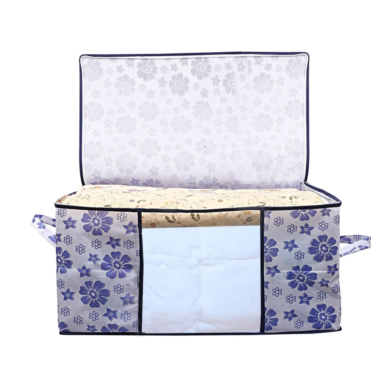 Kuber Industries Flower Printed Non Woven 6 Pieces Saree Cover and 6 Pieces Underbed Storage Bag, Cloth Organizer for Storage, Blanket Cover Combo Set (Royal Blue) - CTKTC038629