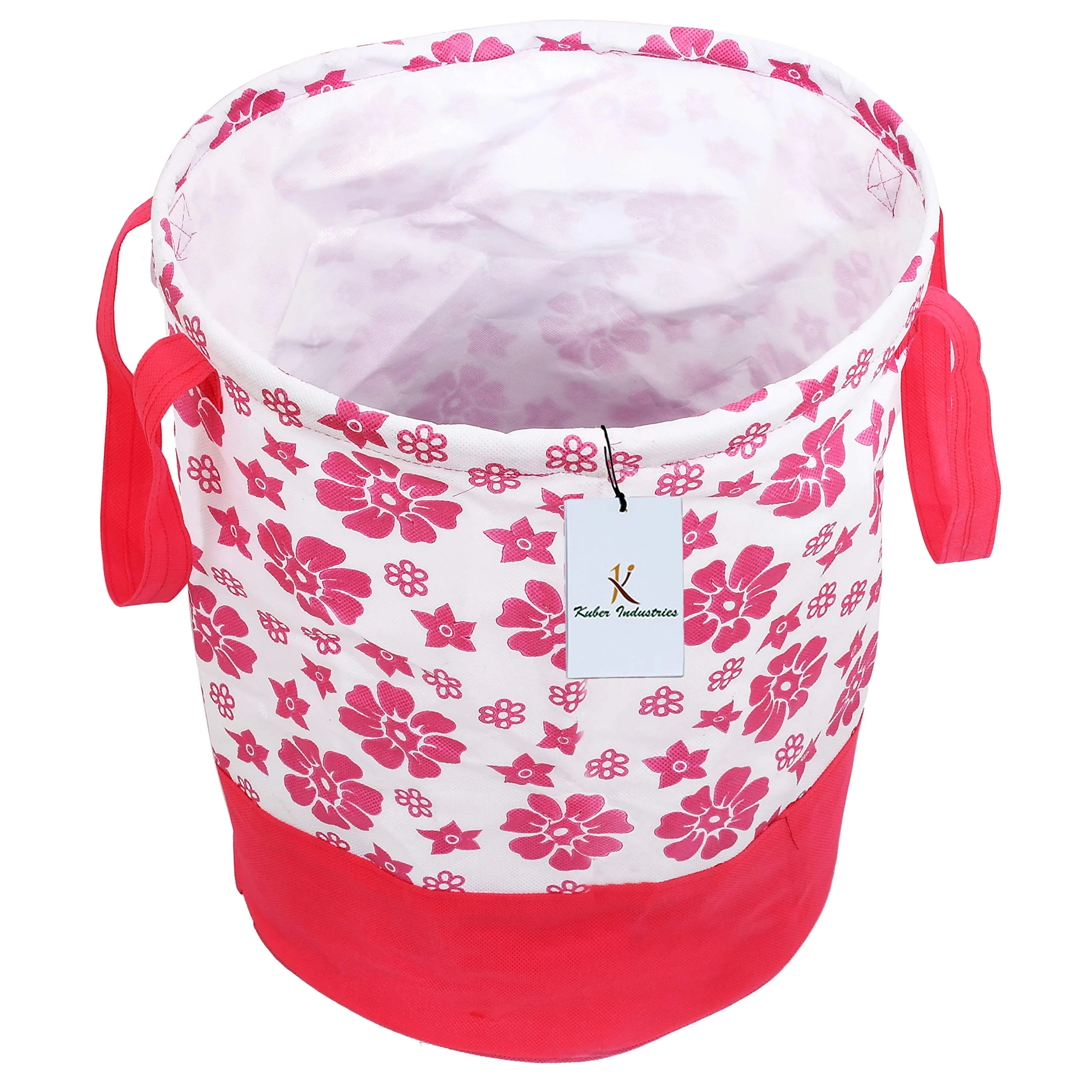 Kuber Industries Flower Printed Waterproof Canvas Laundry Bag|Toy Storage|Laundry Basket Organizer 45 L (Pink) CTKTC034621