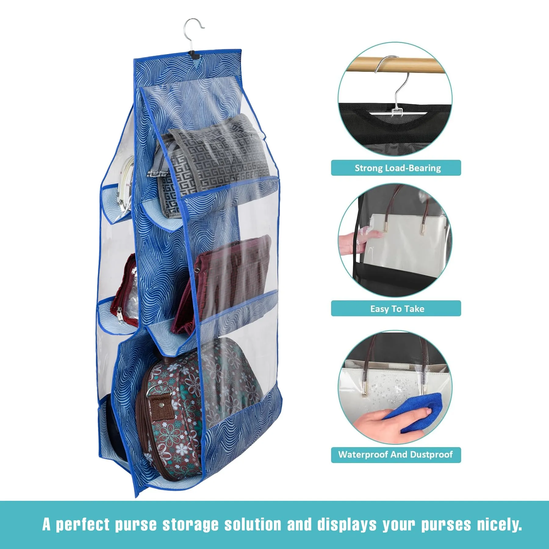 Kuber Industries Hanging Organizer | Handbag Organizer | Hanging Purse for Wardrobe | Transparent Clutch Organizer | Handbag Storage for Closet | 6 Pocket Hanger | Laheriya | Blue