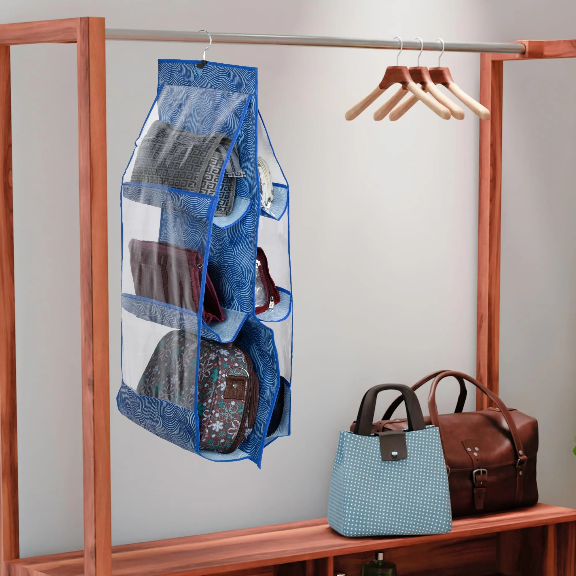 Kuber Industries Hanging Organizer | Handbag Organizer | Hanging Purse for Wardrobe | Transparent Clutch Organizer | Handbag Storage for Closet | 6 Pocket Hanger | Laheriya | Blue