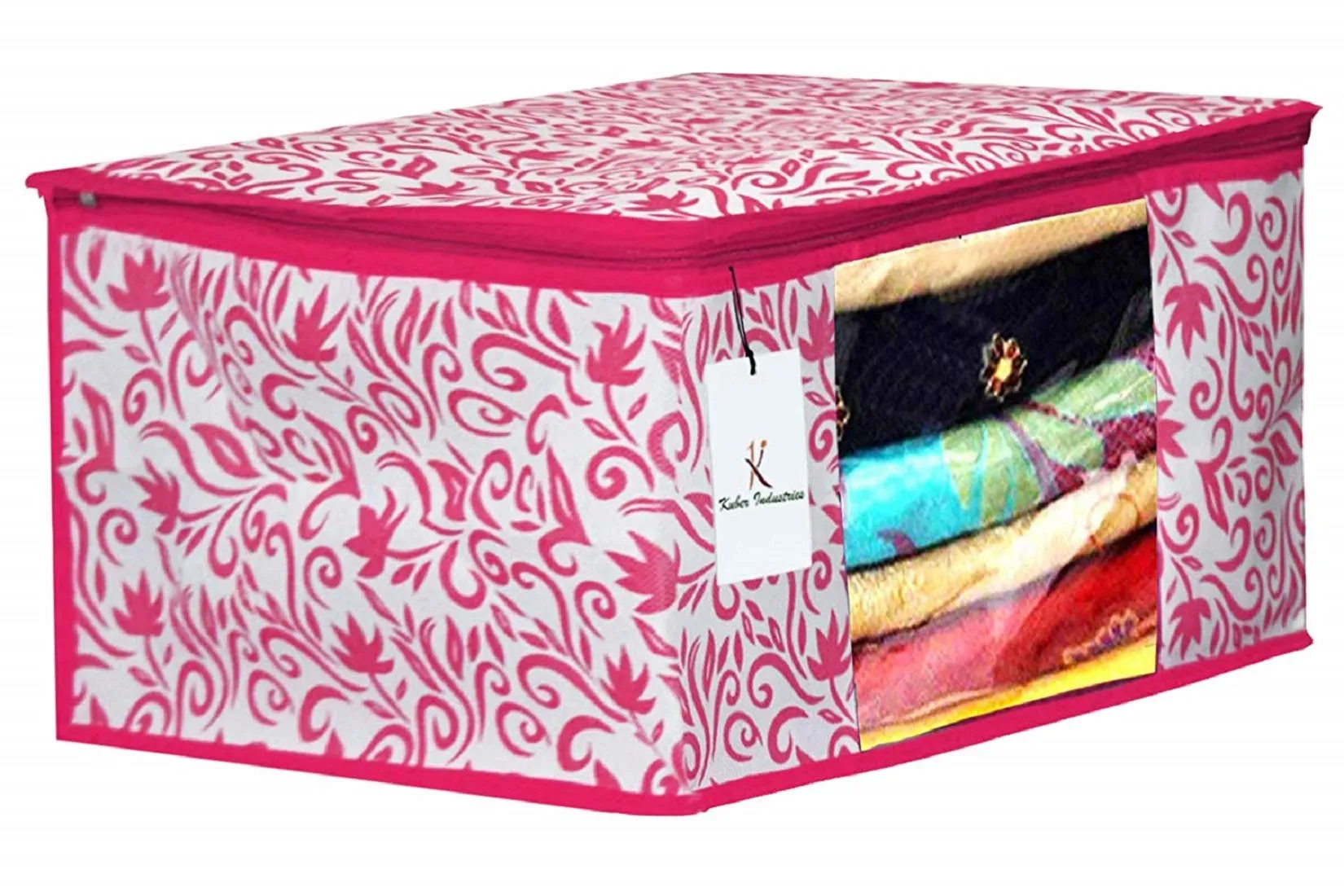 Kuber Industries Leaf Design Non Woven 6 Pieces Saree Cover and 3 Pieces Underbed Storage Bag, Cloth Organizer for Storage, Blanket Cover Combo Set (Pink) -CTKTC38663