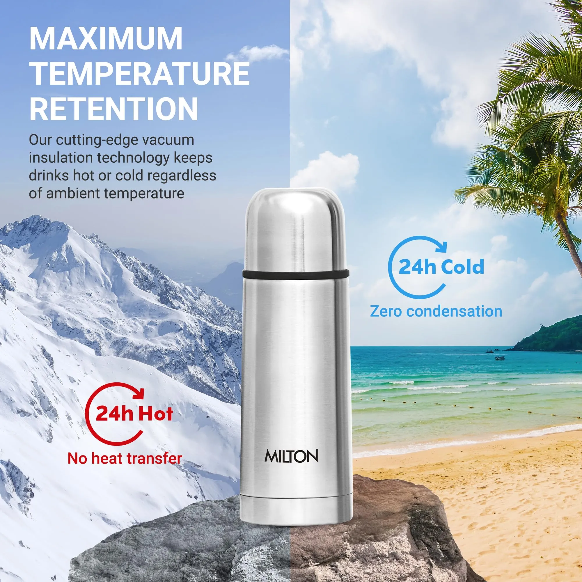 Milton Flip Lid 350 Thermosteel 24 Hours Hot and Cold Water Bottle with Bag, 1 Piece, 350 ml, Silver | Leak Proof | Office | Gym | Home | Kitchen | Hiking | Trekking | Travel