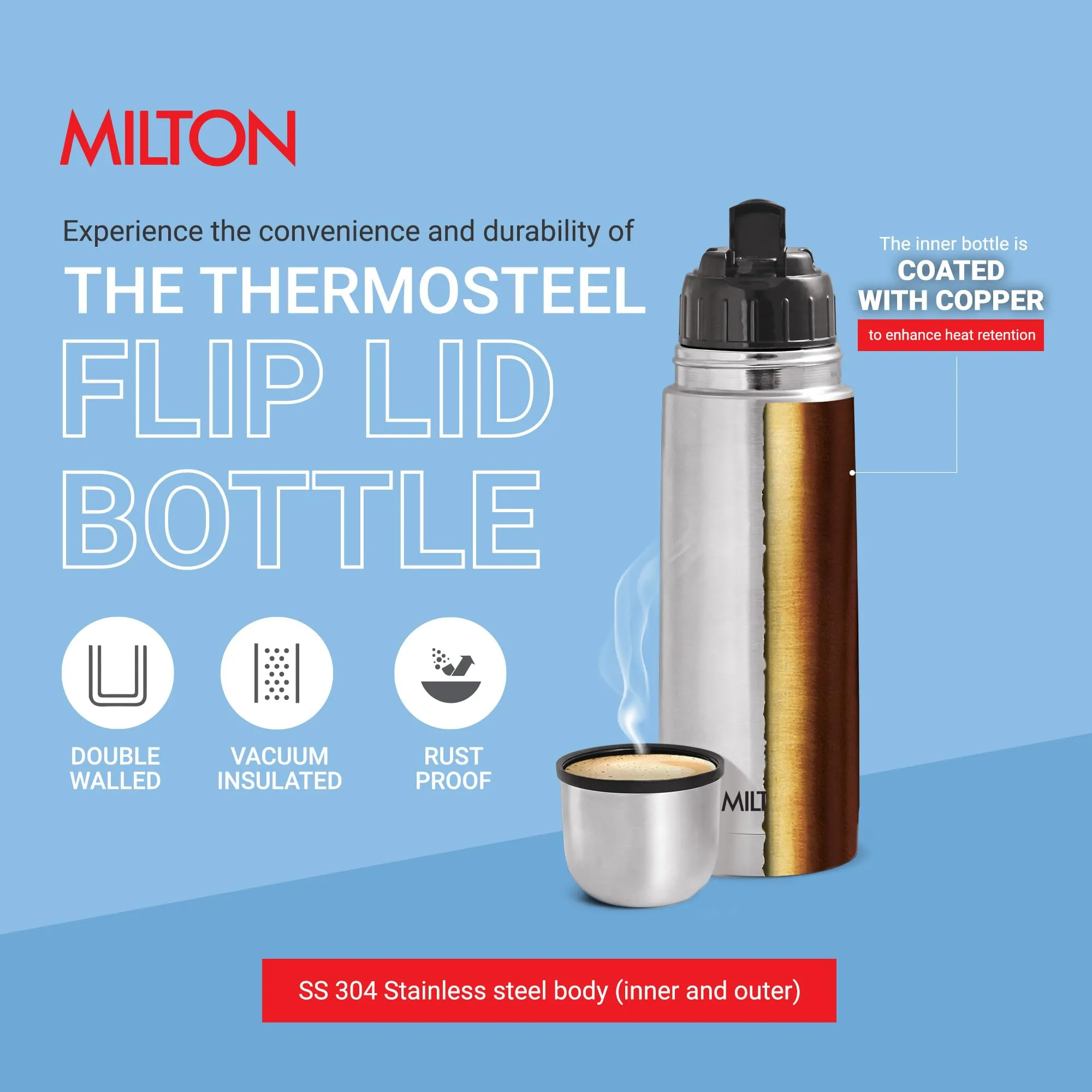 Milton Flip Lid 350 Thermosteel 24 Hours Hot and Cold Water Bottle with Bag, 1 Piece, 350 ml, Silver | Leak Proof | Office | Gym | Home | Kitchen | Hiking | Trekking | Travel