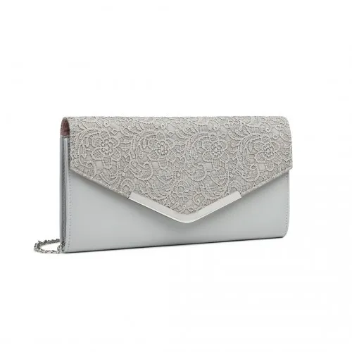 Miss Lulu Lace Envelope Flap Clutch Evening Bag - Elegant Grey Purse for Weddings, Proms, and Parties