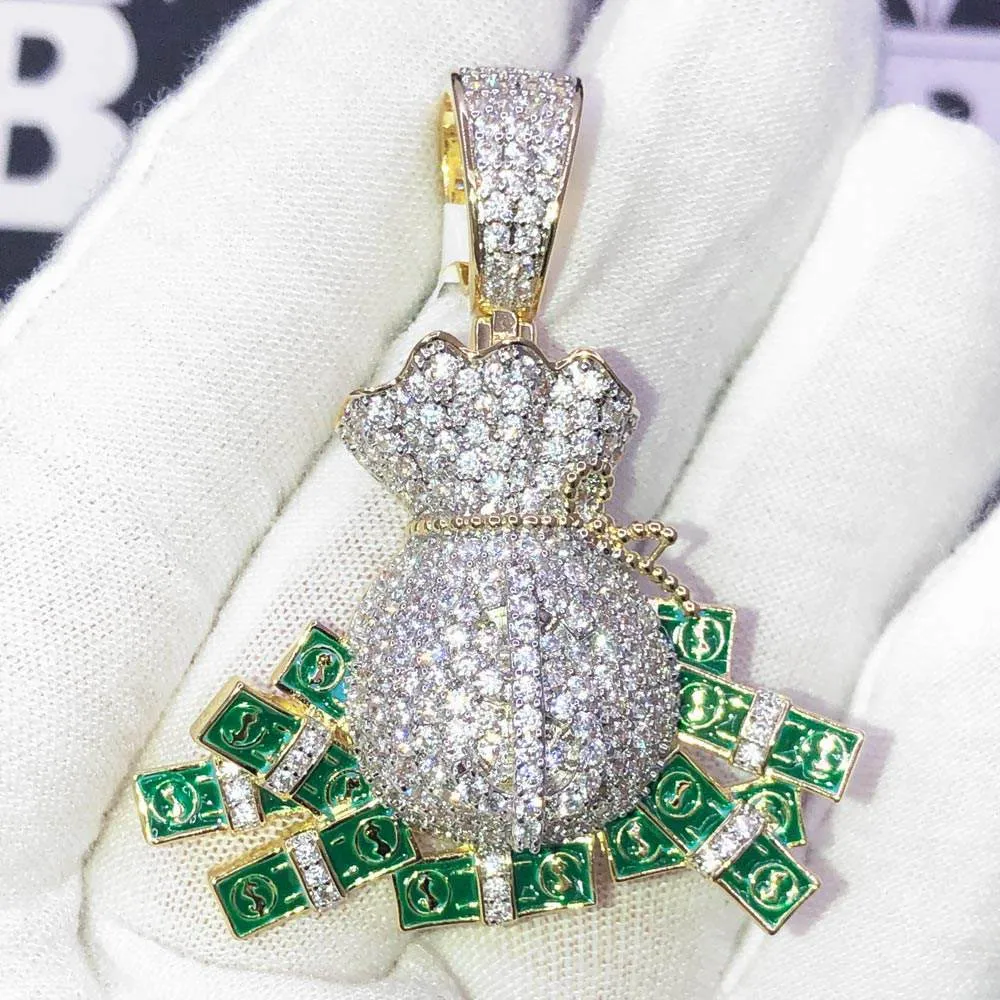 Money Bag Cash Pouring CZ Hip Hop Bling Bling Pendant