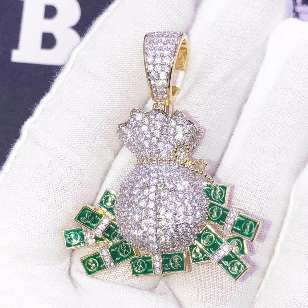 Money Bag Cash Pouring CZ Hip Hop Bling Bling Pendant