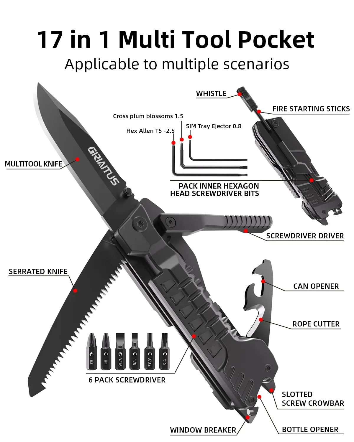 Multitool Knife 17 in 1Fire Starting Sticks, Bottle Opener, Saw Screwdrivers Bottle Opener, Whistle, Window Breaker and More -Perfect for Camping, Outdoorl, Survival and Everyday Use,Gifts for Men Dad