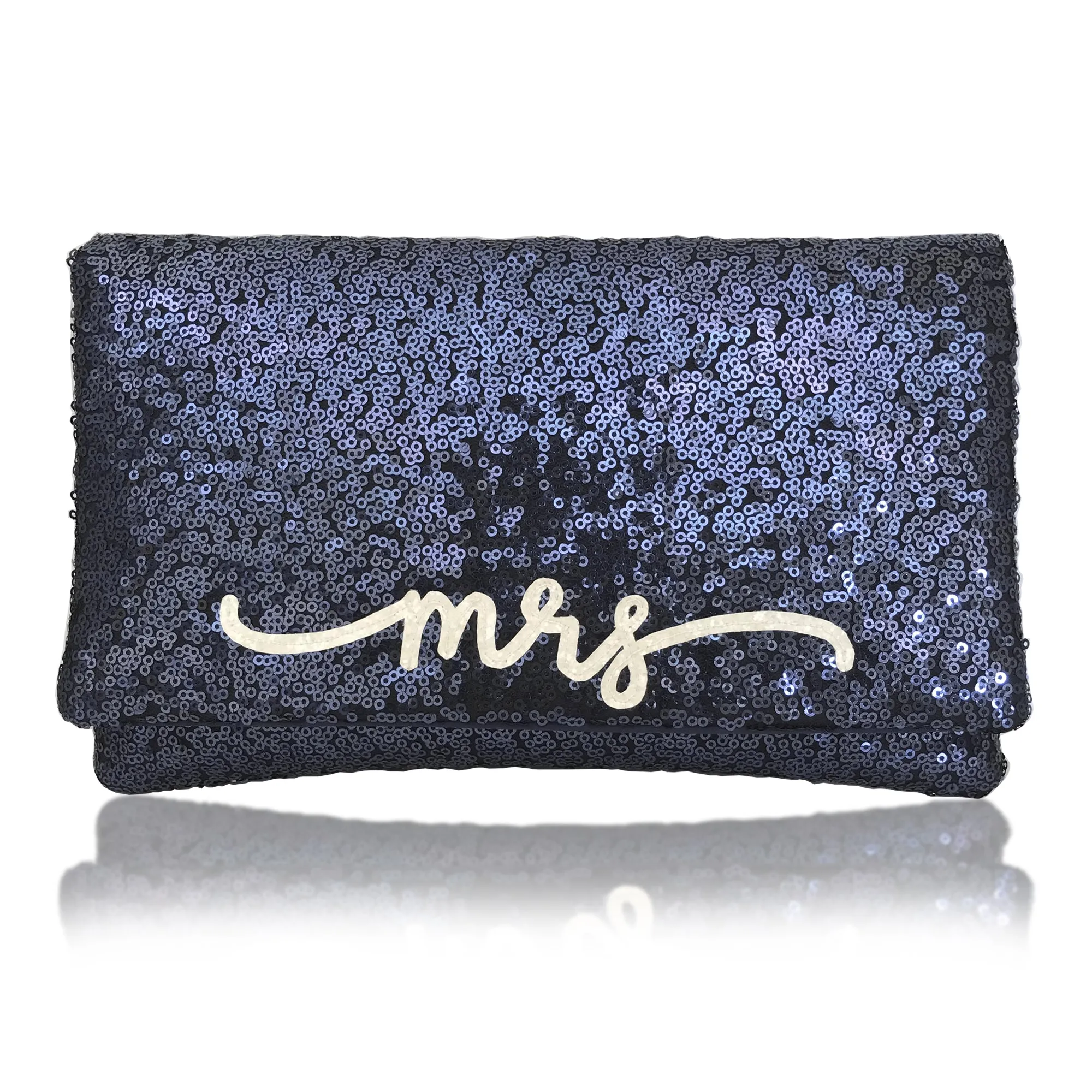 Navy or black sequin MRS clutch flourish font