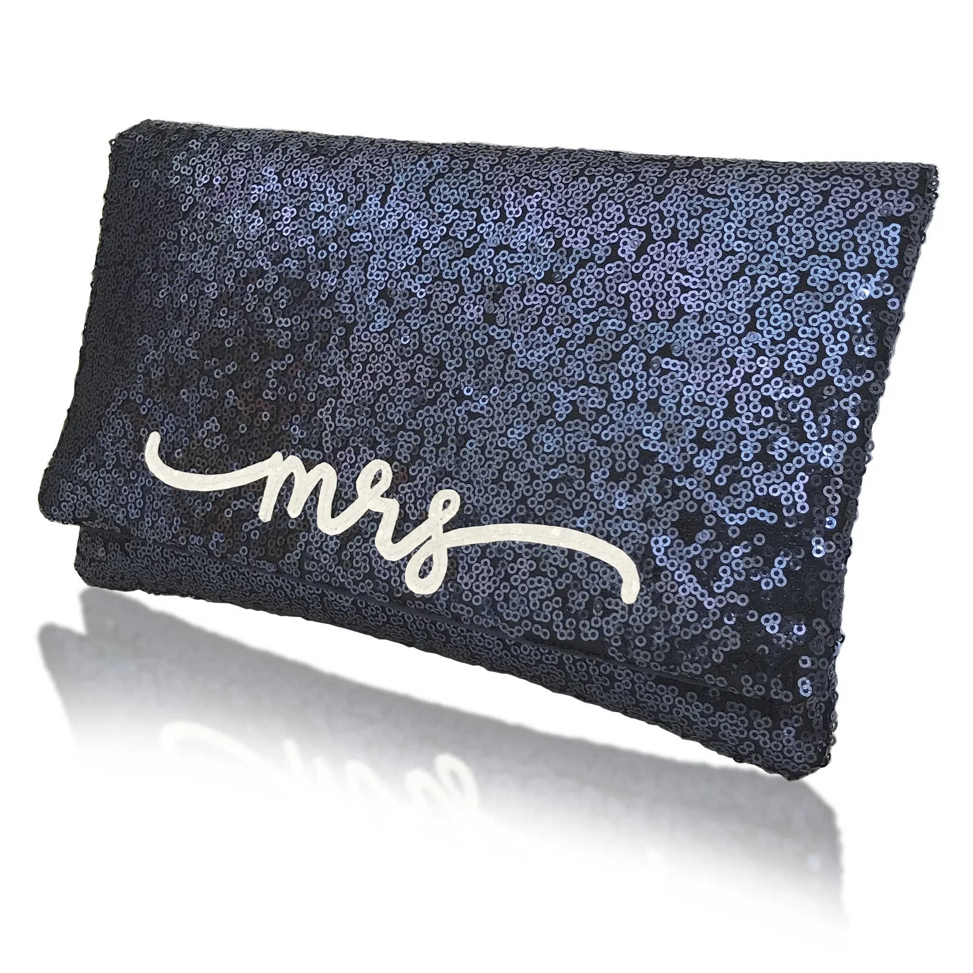 Navy or black sequin MRS clutch flourish font