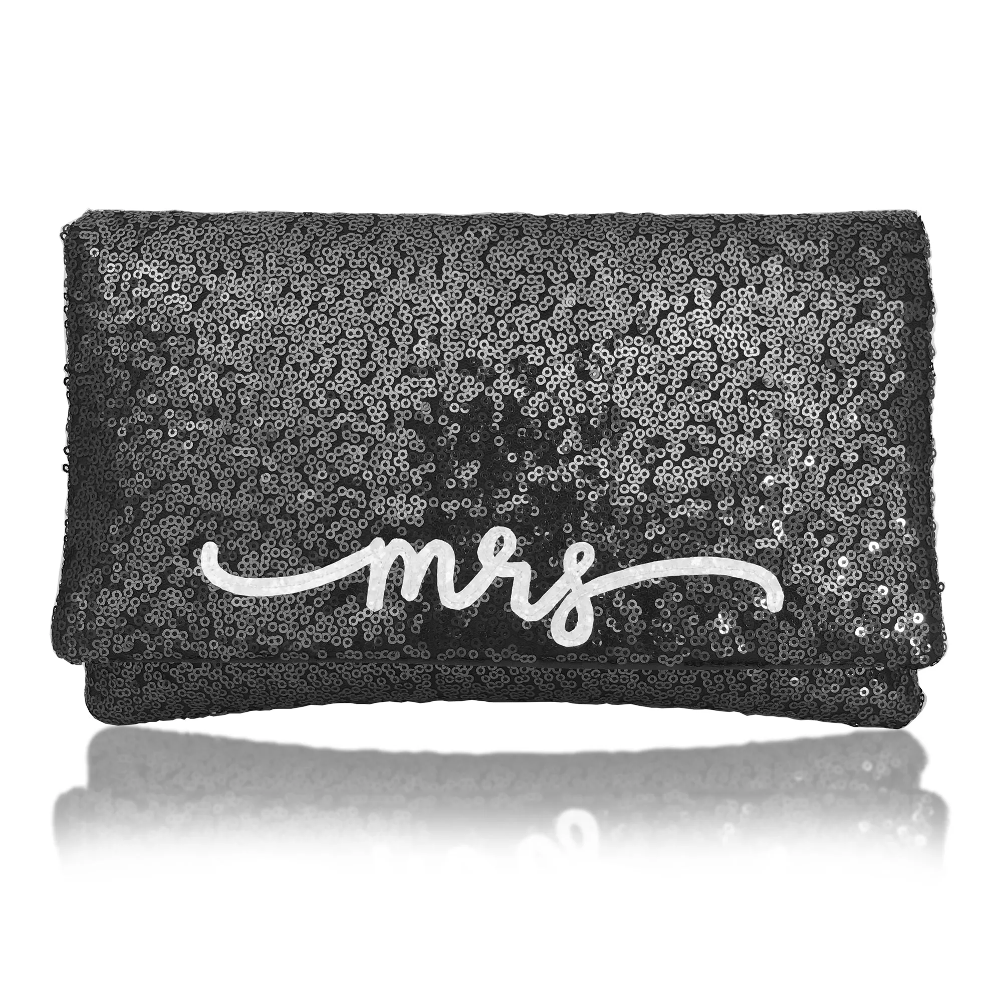 Navy or black sequin MRS clutch flourish font