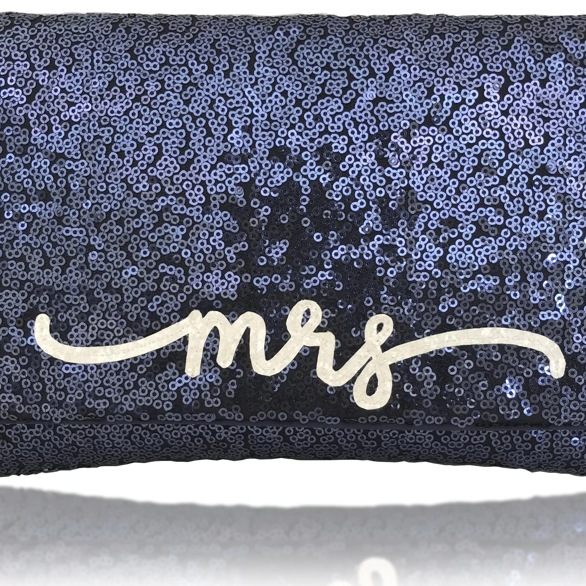 Navy or black sequin MRS clutch flourish font