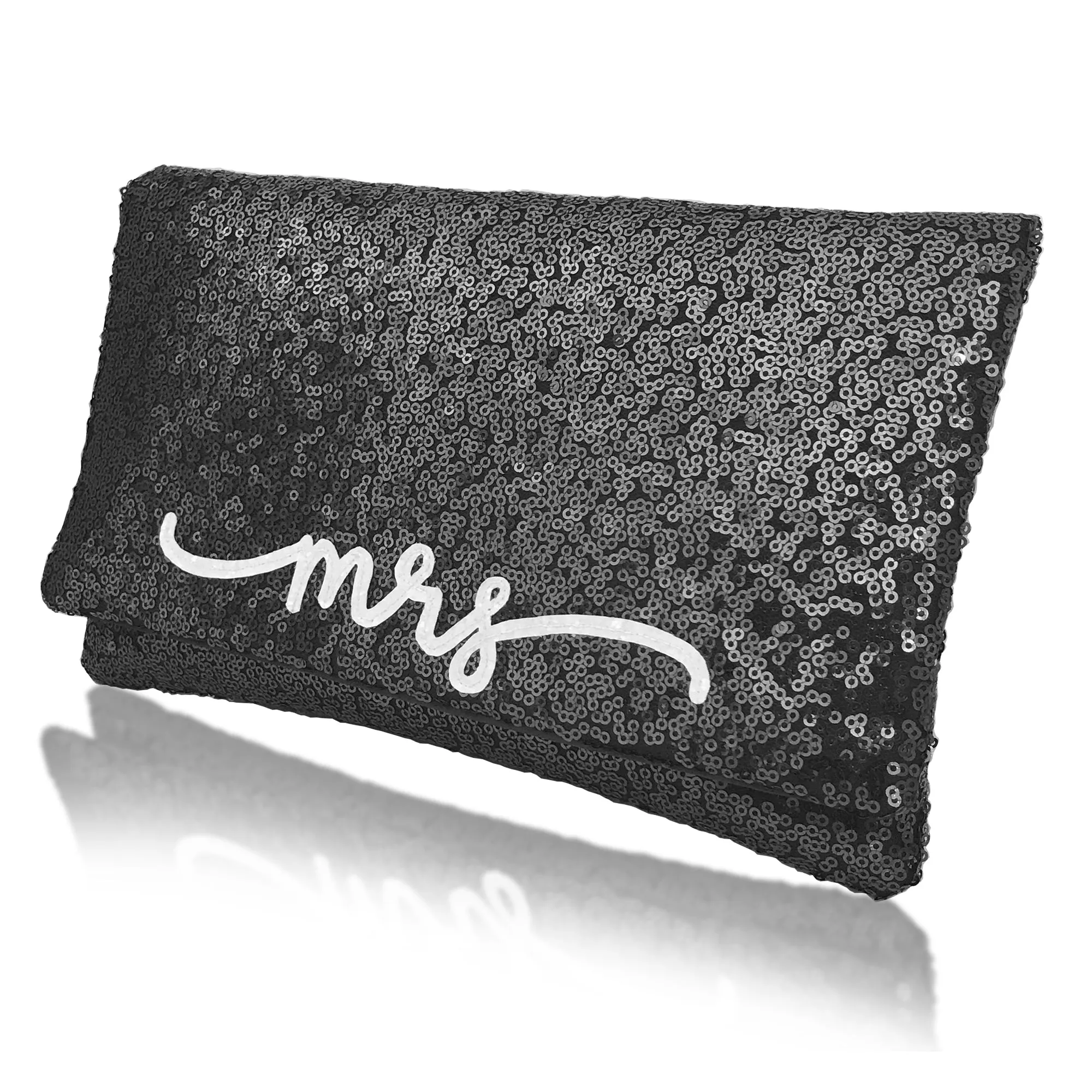 Navy or black sequin MRS clutch flourish font