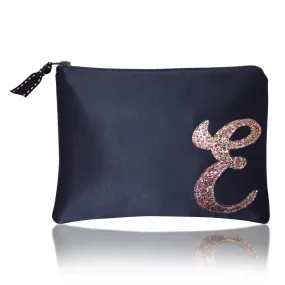 Navy satin zip top personalised initial clutch