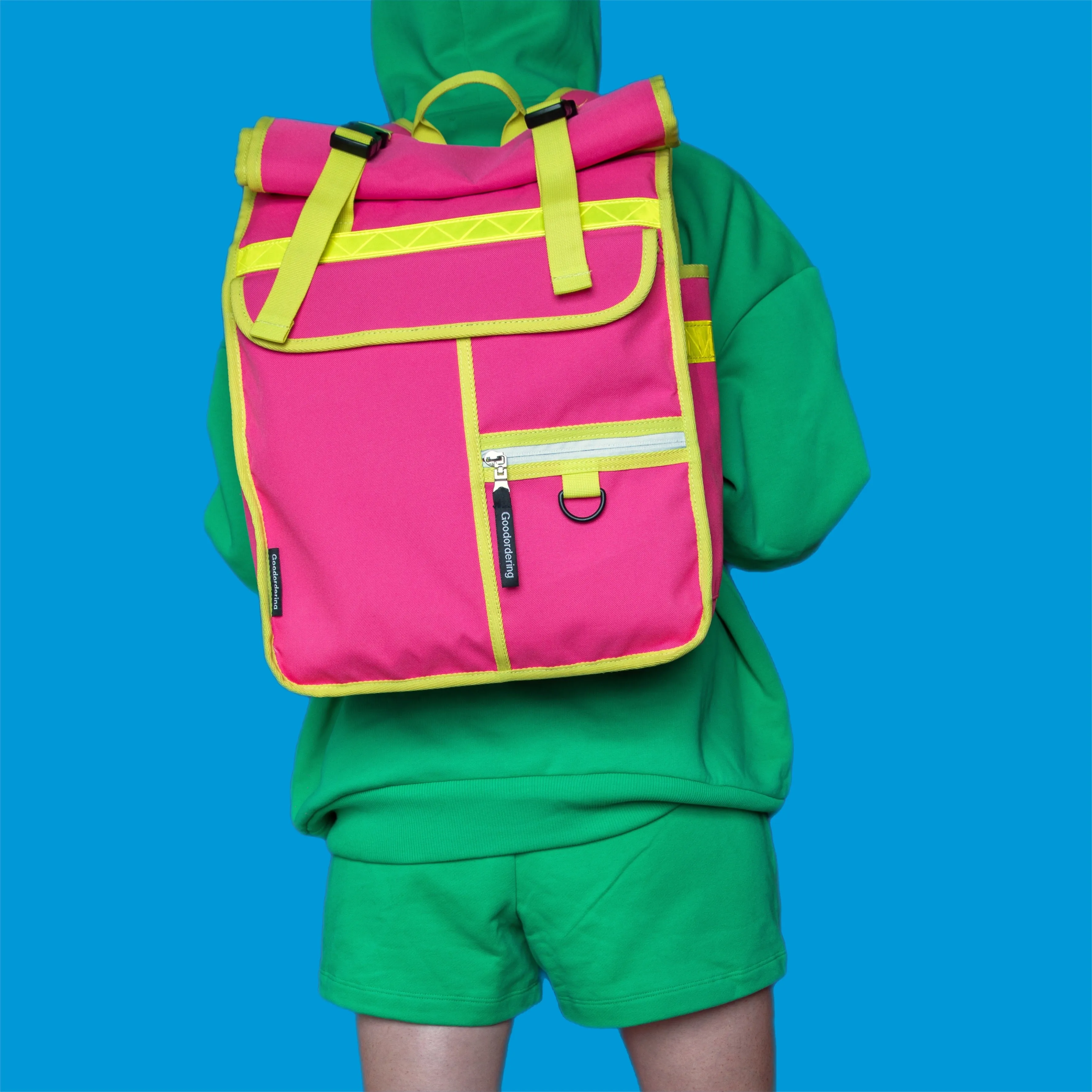 Neon pink rolltop backpack pannier bike bag Rixen kaul hardware hooks