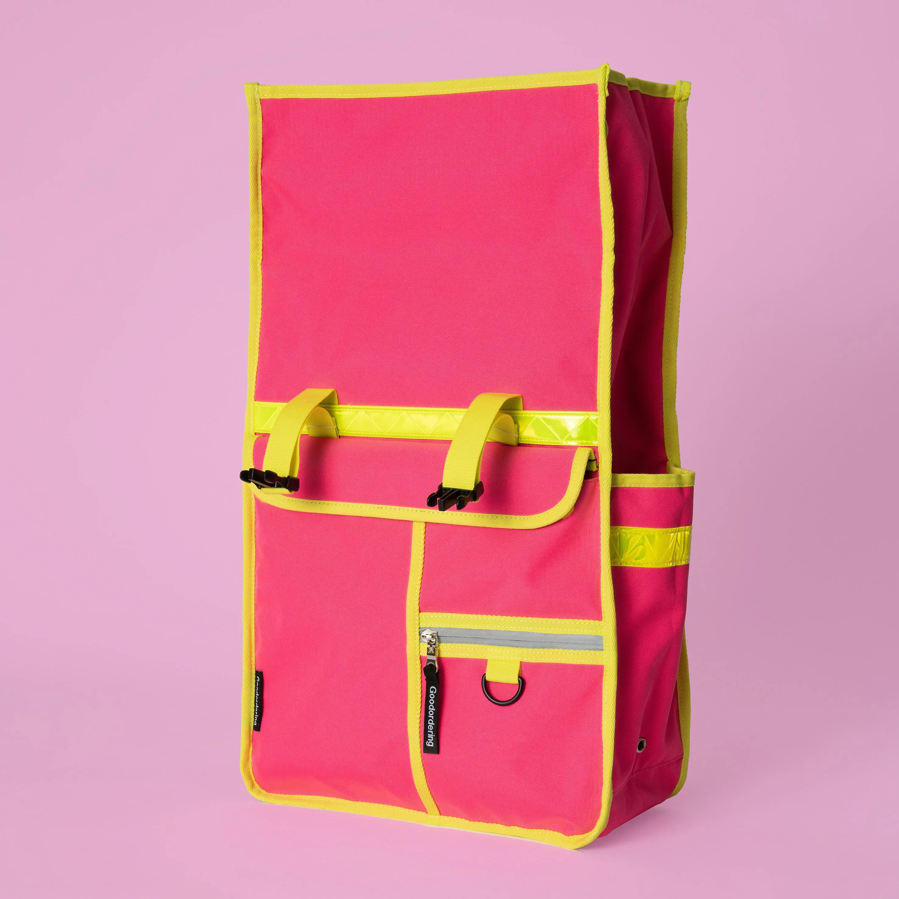 Neon pink rolltop backpack pannier bike bag Rixen kaul hardware hooks