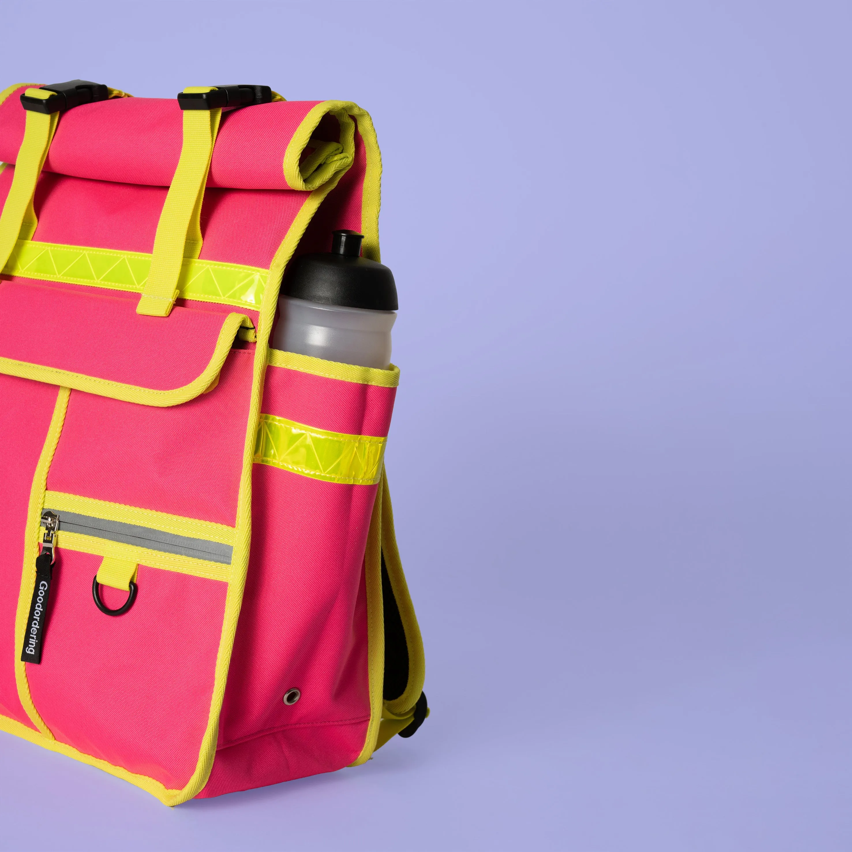 Neon pink rolltop backpack pannier bike bag Rixen kaul hardware hooks