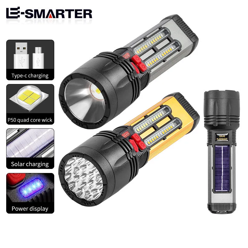 New Solar Flashlight Emergency Light Waterproof Outdoor Charging Strong Light P50 Super Bright Multifunctional Flashlight