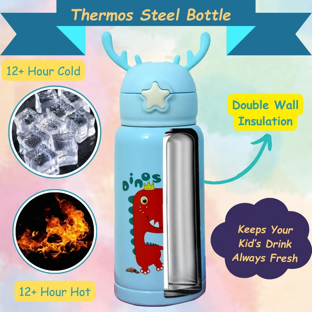 Nkyub Water Bottle for Kids 500ml, Kids Water Bottle, Sipper Bottle for Kids, Stainless Steel Water Bottle for Kids, Straw Bottle for Kids, Insulated Thermos Bottle | Unicorn (Blue-Red Dino)