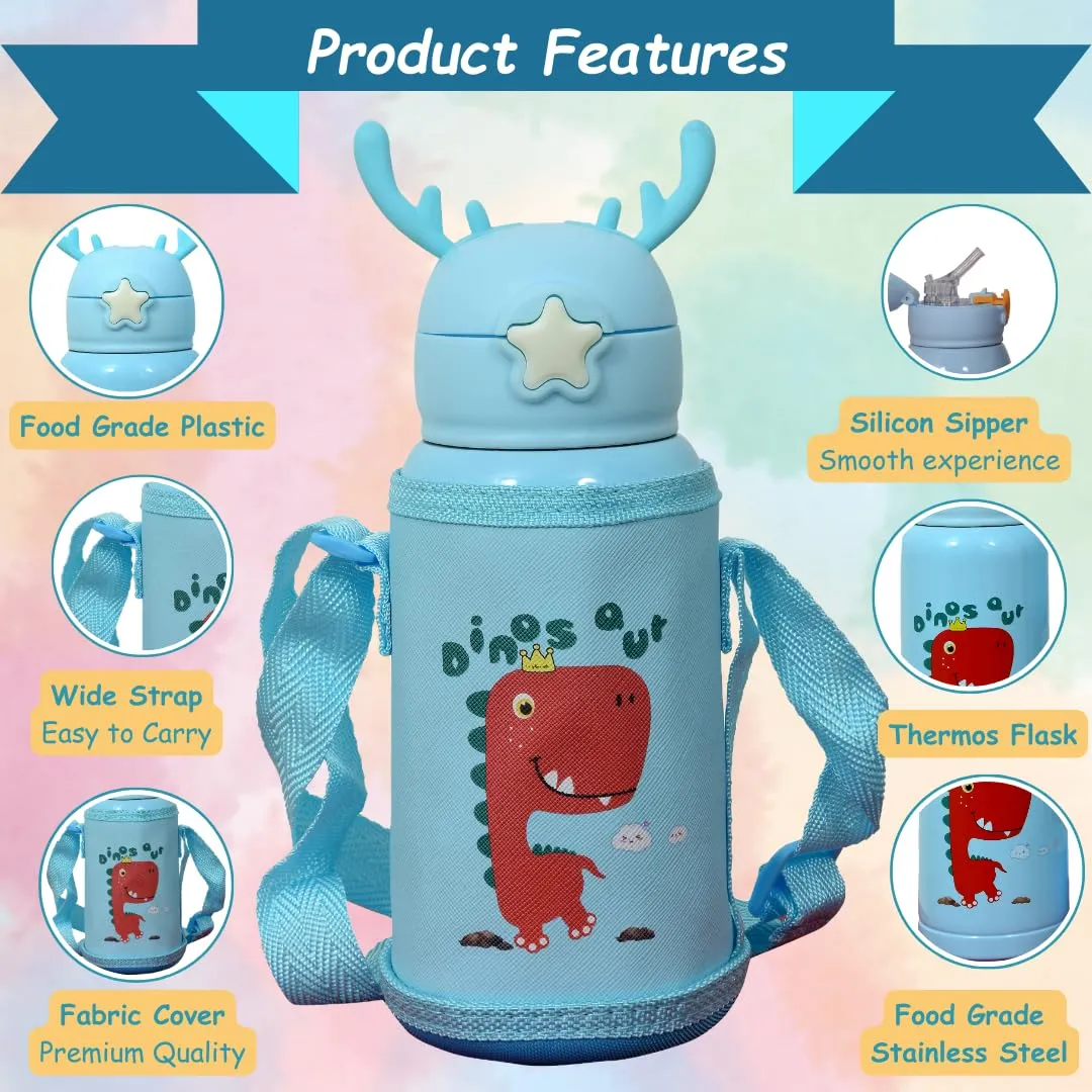 Nkyub Water Bottle for Kids 500ml, Kids Water Bottle, Sipper Bottle for Kids, Stainless Steel Water Bottle for Kids, Straw Bottle for Kids, Insulated Thermos Bottle | Unicorn (Blue-Red Dino)