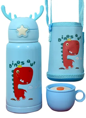 Nkyub Water Bottle for Kids 500ml, Kids Water Bottle, Sipper Bottle for Kids, Stainless Steel Water Bottle for Kids, Straw Bottle for Kids, Insulated Thermos Bottle | Unicorn (Blue-Red Dino)