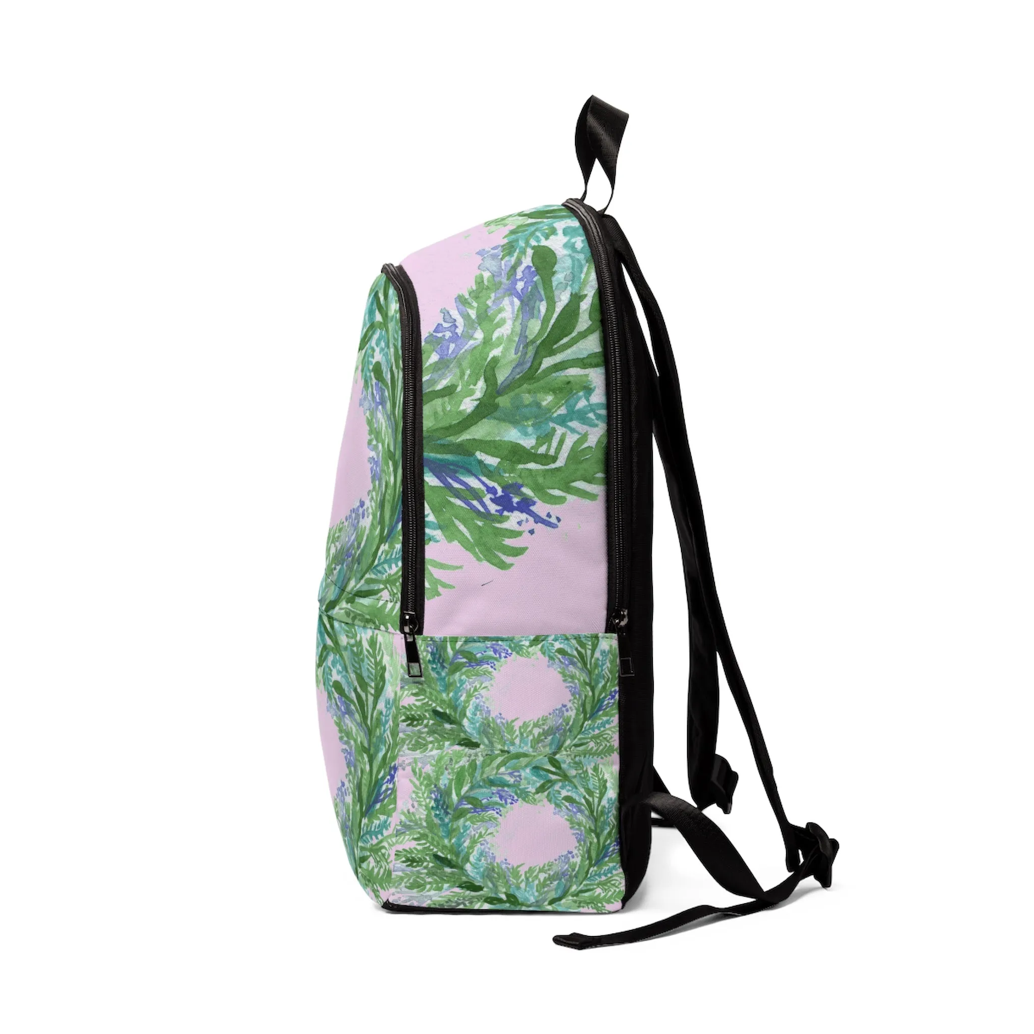 Pastel Pink Floral Backpack, Purple Lavender Floral Print Designer Unisex Fabric Travel Bag