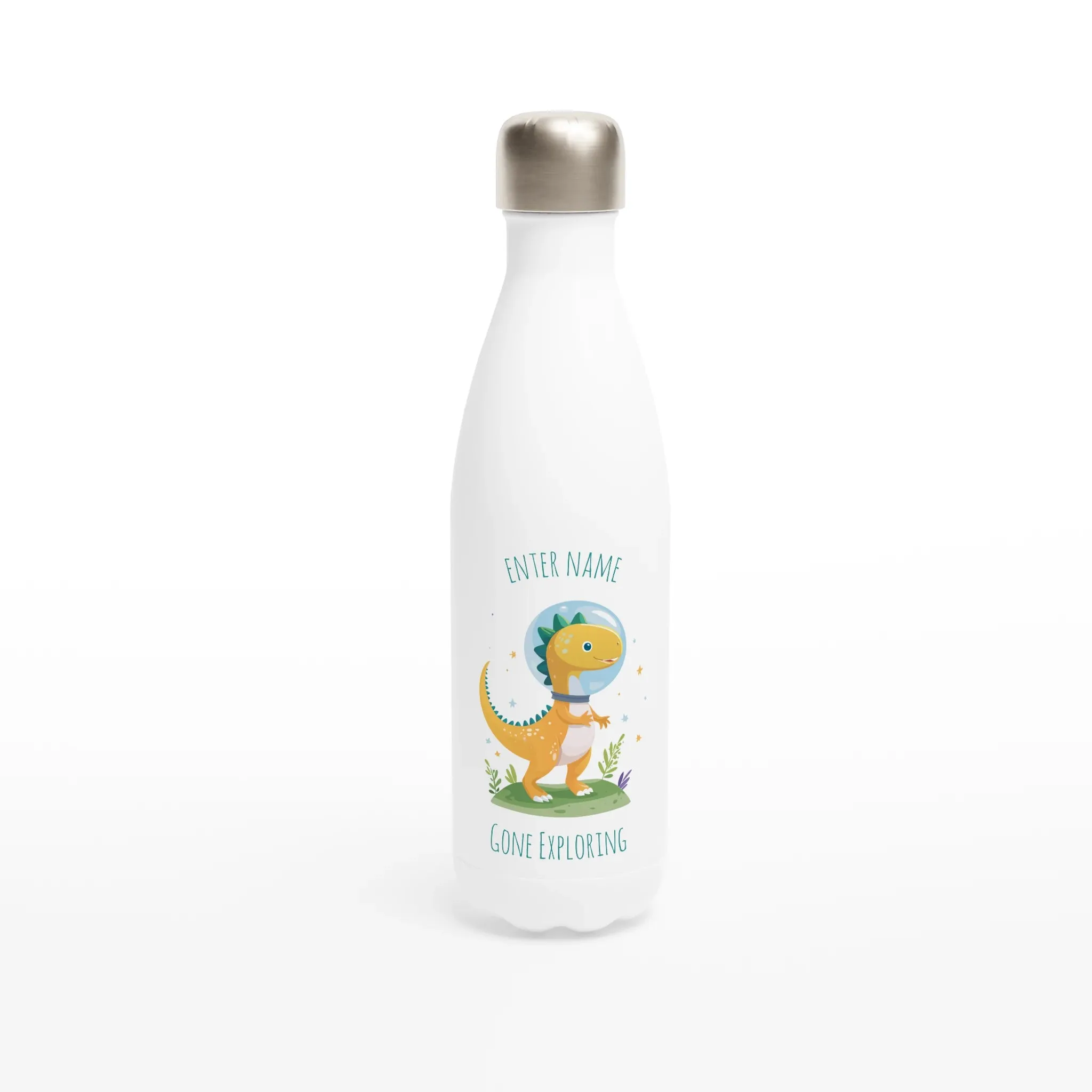 Personalisable White 17oz Stainless Steel Water Bottle - Cute Astro Dino