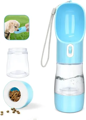 Portable Pet Water Bottle with Food Container (Blue)