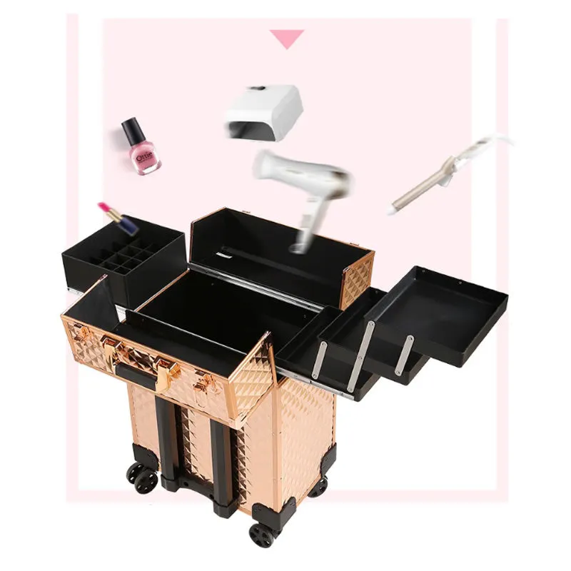 Professional Cosmetics Makeup Orgaizer Trolley With 4 Abs Wheels Rose Gold