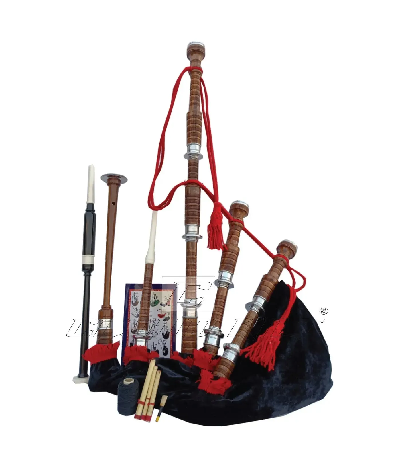 Red & Black Velvet Bagpipe Set Brown & Silver Finish With Hard Case