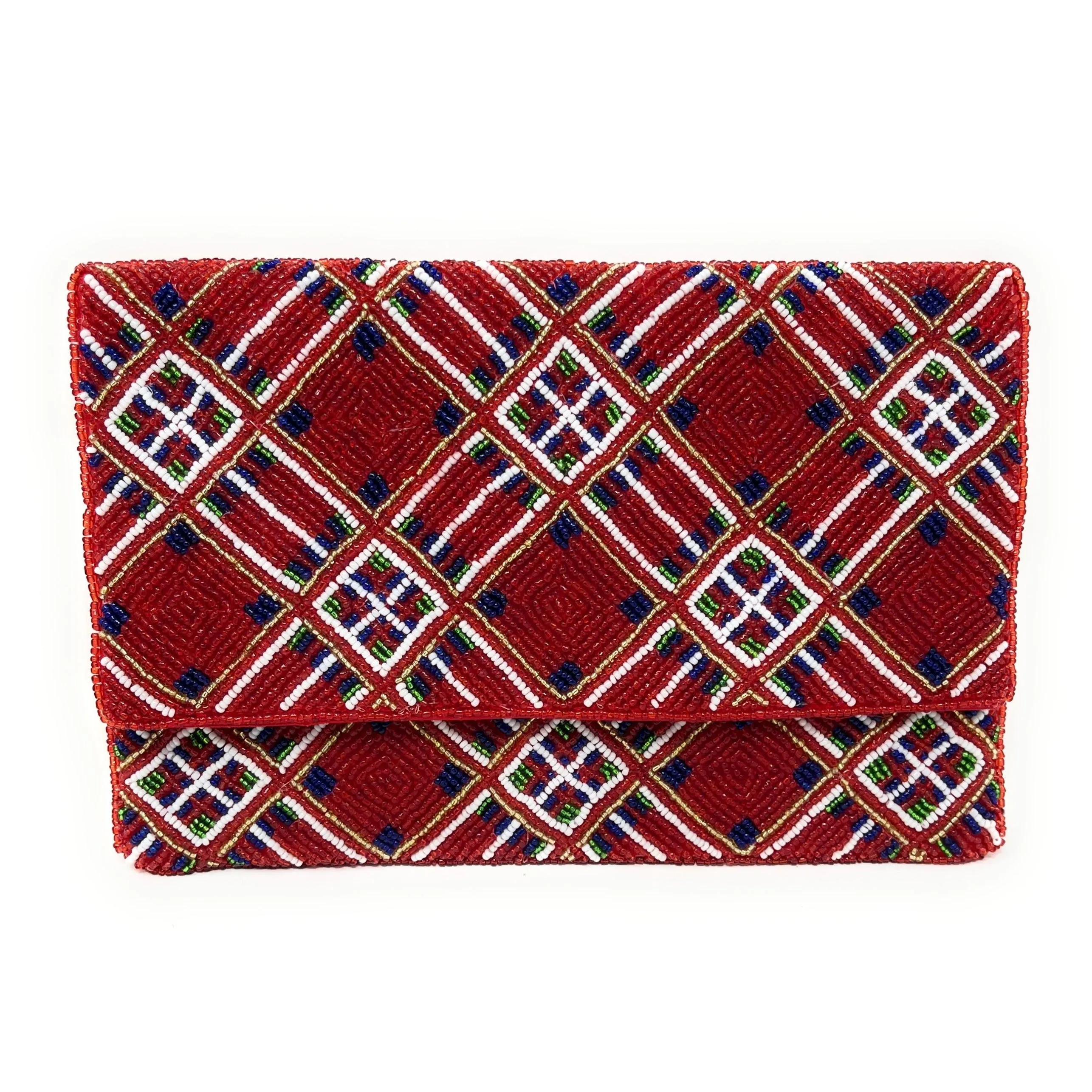 Red Tartan Beaded Clutch Purse