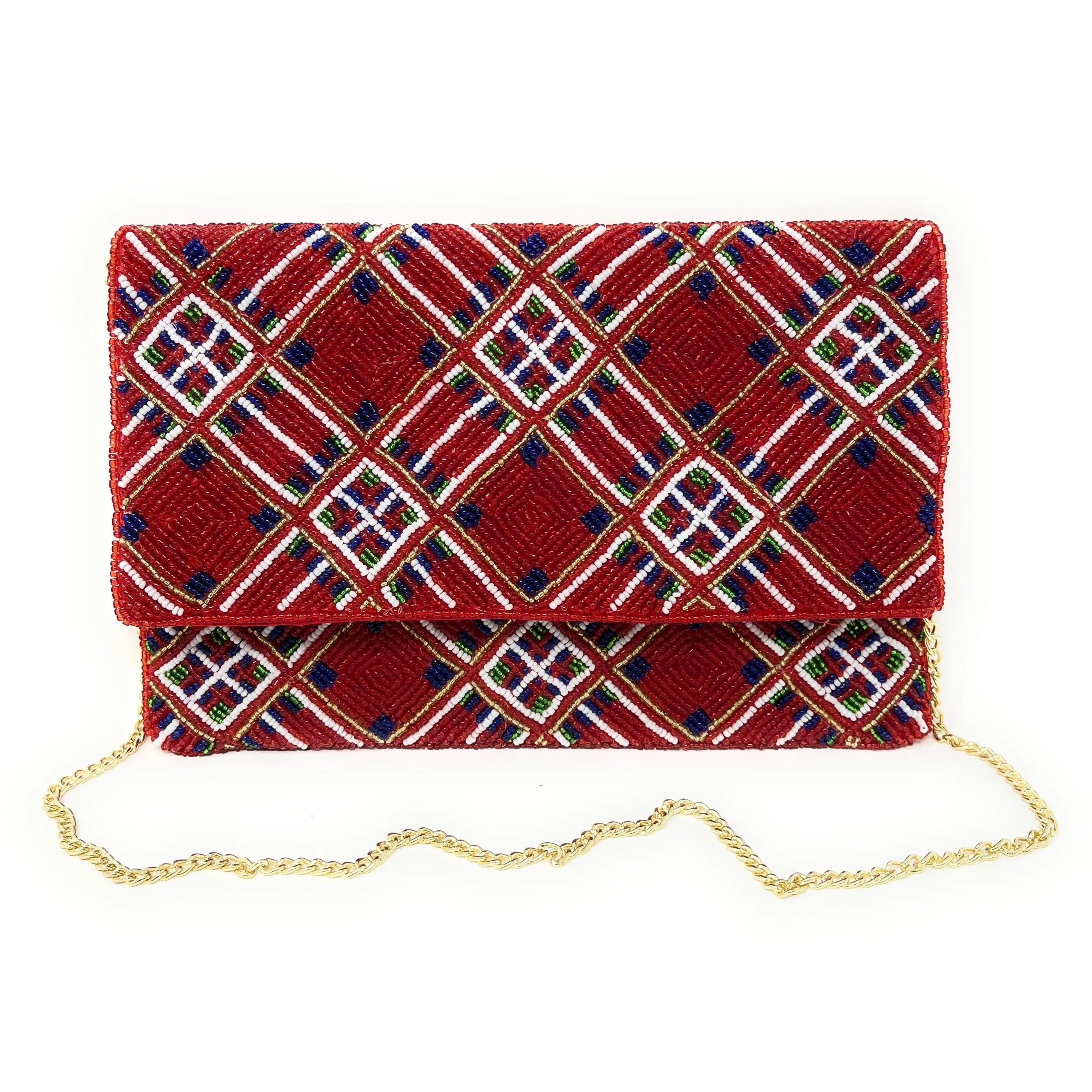 Red Tartan Beaded Clutch Purse