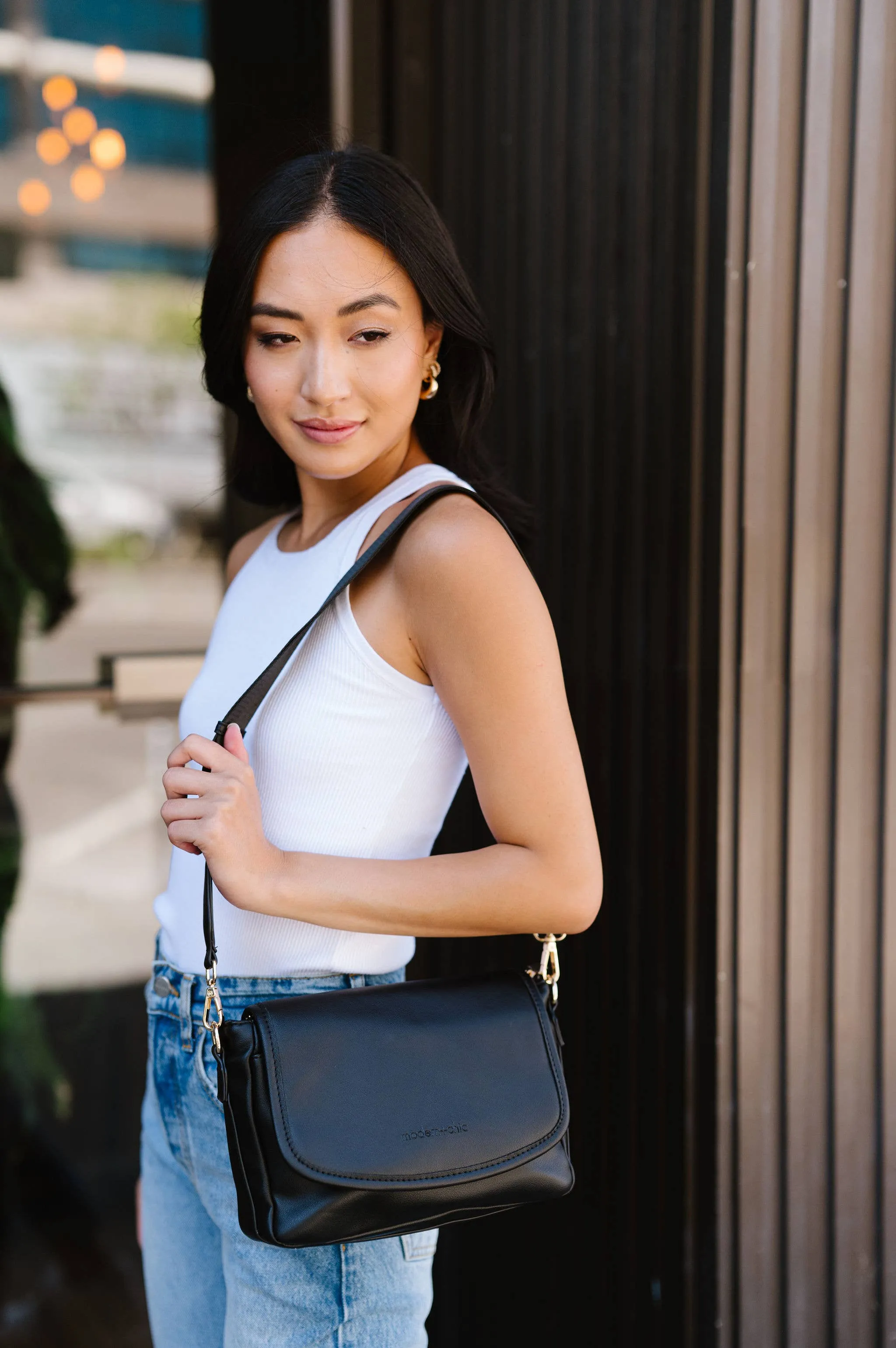 Signature Crossbody Shoulder Hang Bag with Card Wallet: Ebony