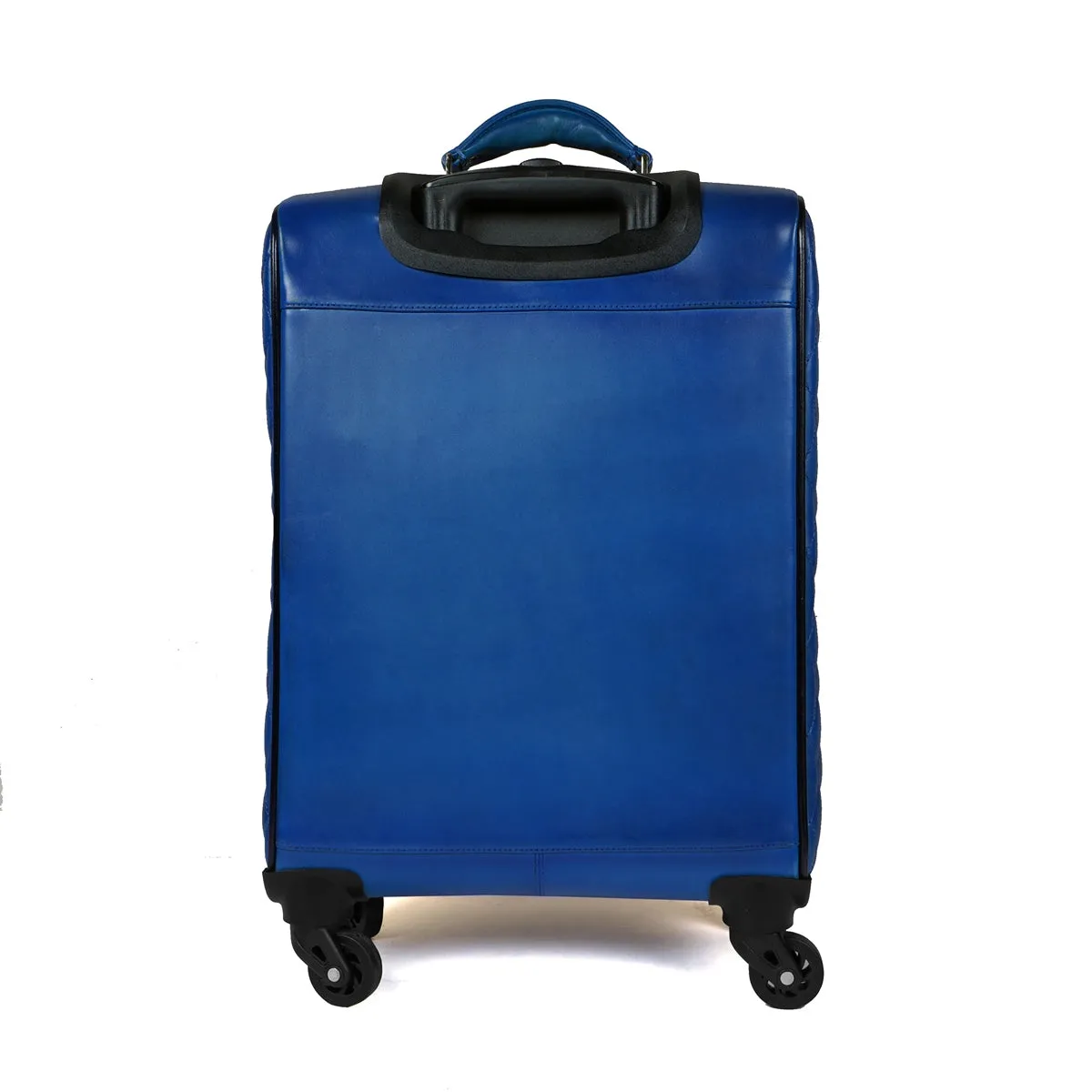 Sky Blue Leather Diamond Stitched Quad Wheel Trolley Bag With Embossed Lion Logo By Brune & Bareskin