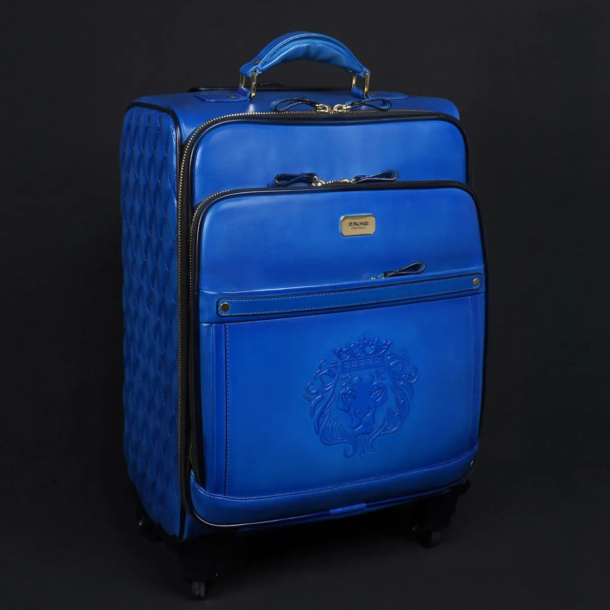 Sky Blue Leather Diamond Stitched Quad Wheel Trolley Bag With Embossed Lion Logo By Brune & Bareskin