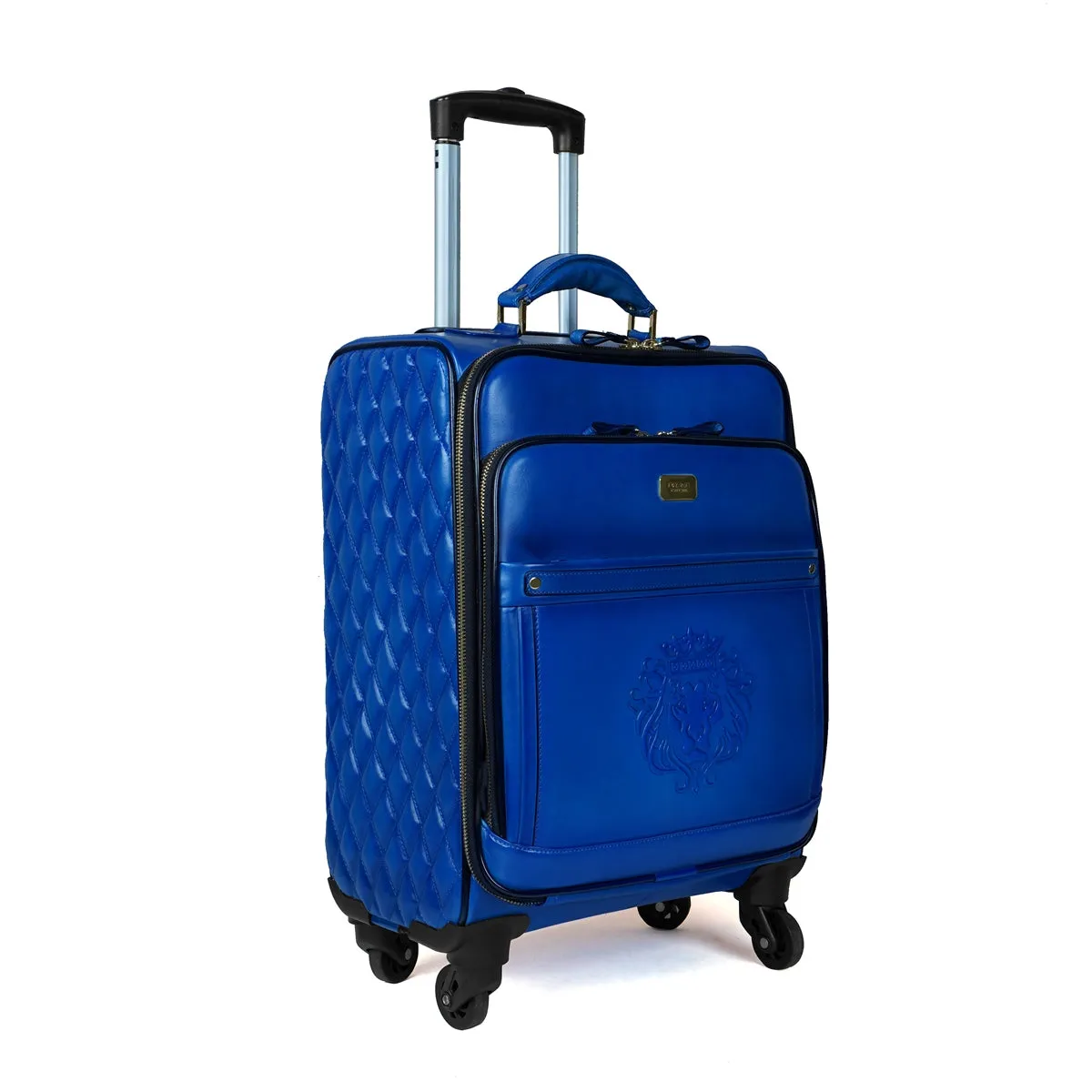 Sky Blue Leather Diamond Stitched Quad Wheel Trolley Bag With Embossed Lion Logo By Brune & Bareskin