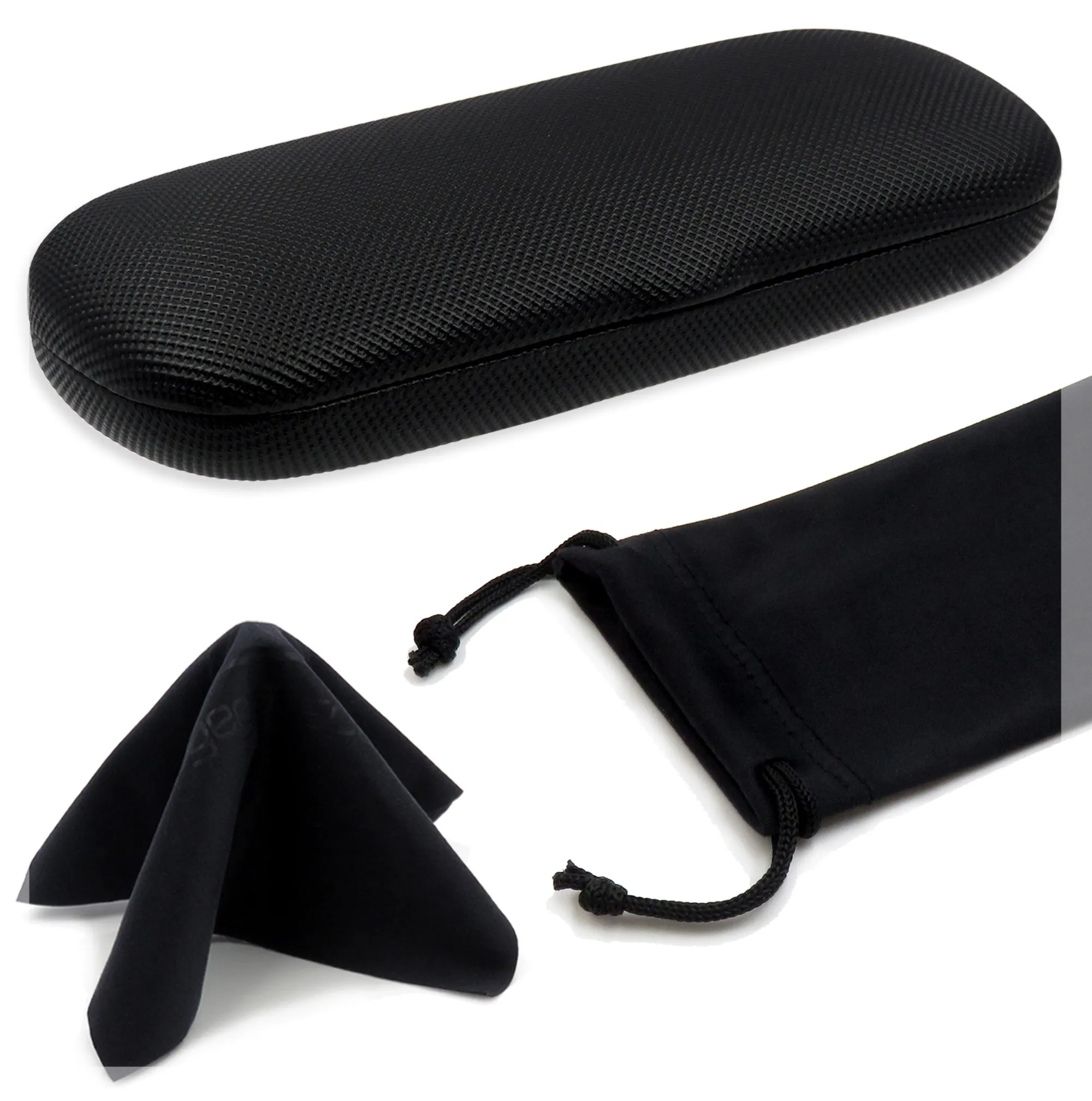 Small Hard Eyeglass Case, Reading Glasses Case w/ Drawstring Pouch & Cleaning Cloth ( S5 Rough Black)