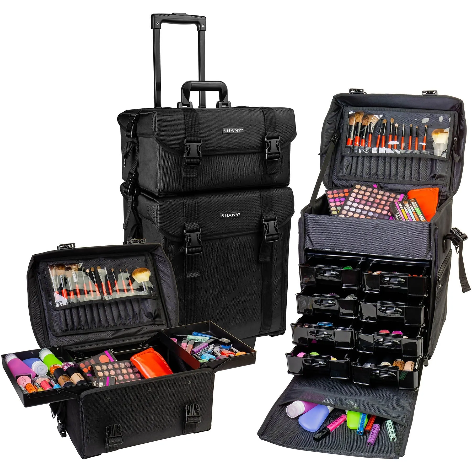 Soft Makeup Artist Rolling Trolley Cosmetic Case with Free Set of Mesh Bag