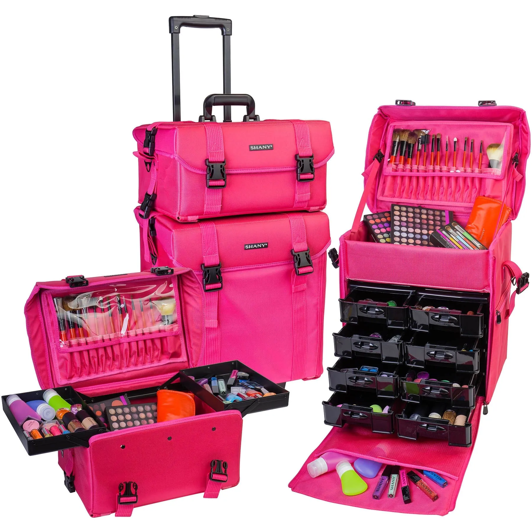 Soft Makeup Artist Rolling Trolley Cosmetic Case with Free Set of Mesh Bag