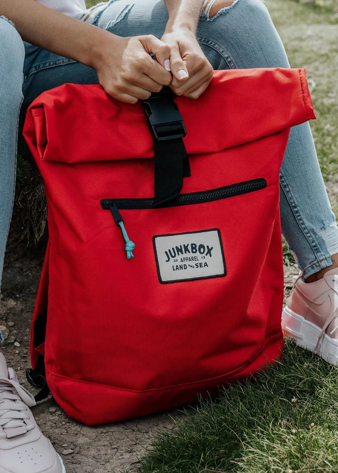 'The Adventurer' Recycled Roll-Top Backpack in Red