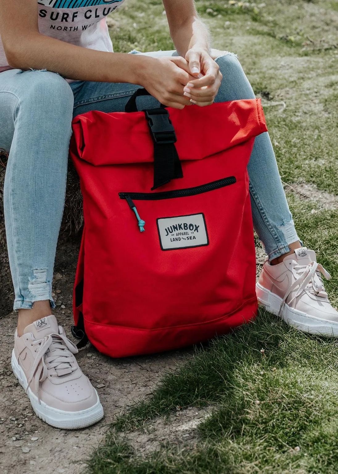 'The Adventurer' Recycled Roll-Top Backpack in Red