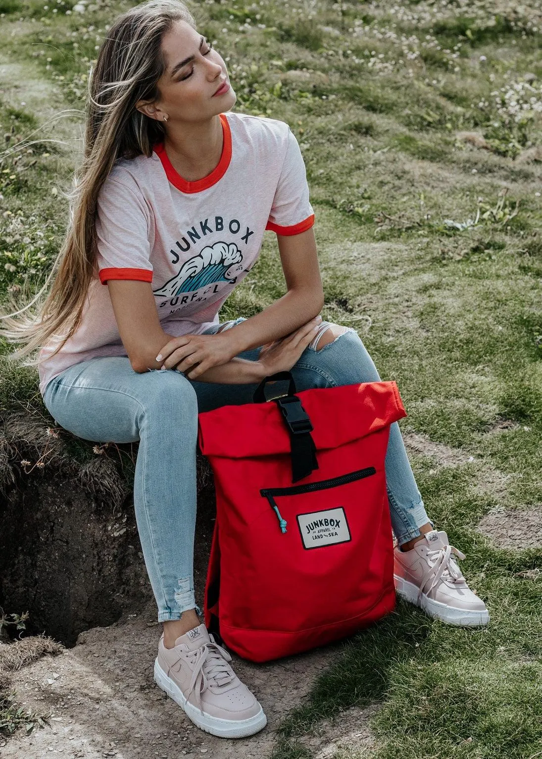 'The Adventurer' Recycled Roll-Top Backpack in Red