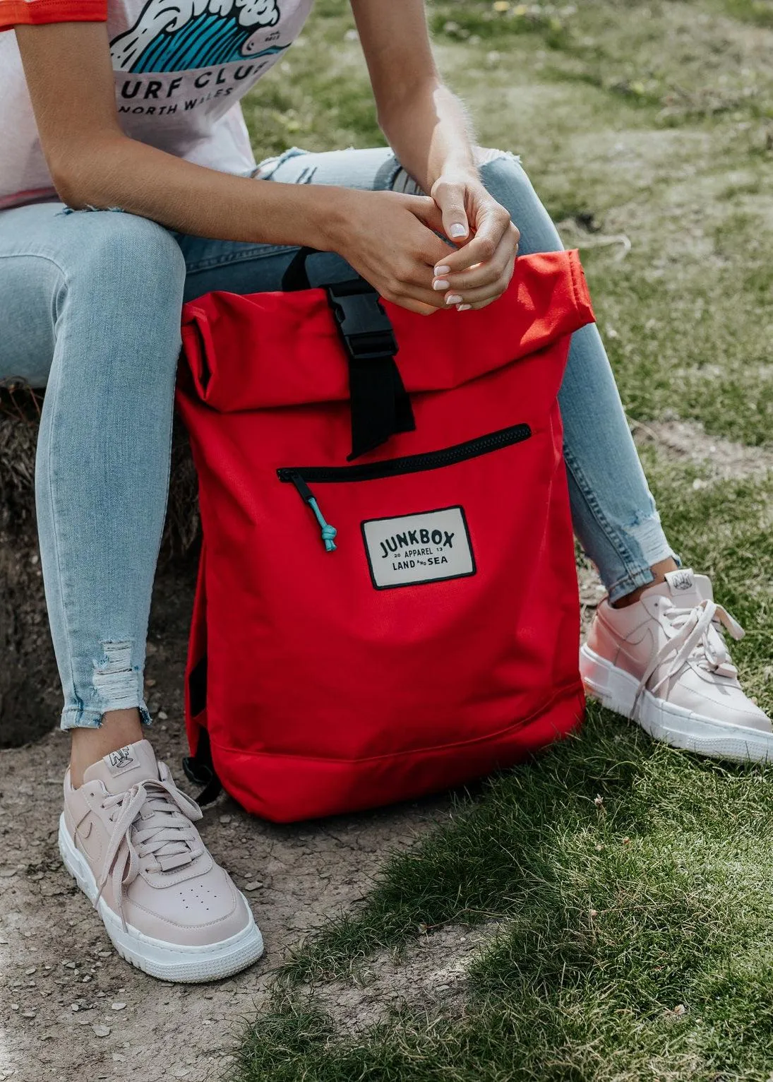 'The Adventurer' Recycled Roll-Top Backpack in Red