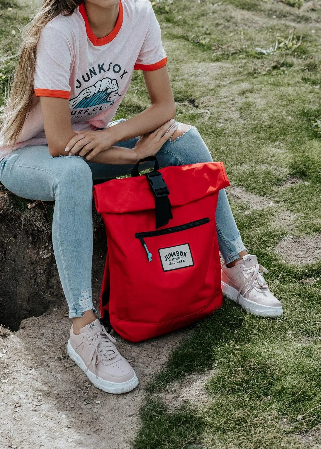 'The Adventurer' Recycled Roll-Top Backpack in Red