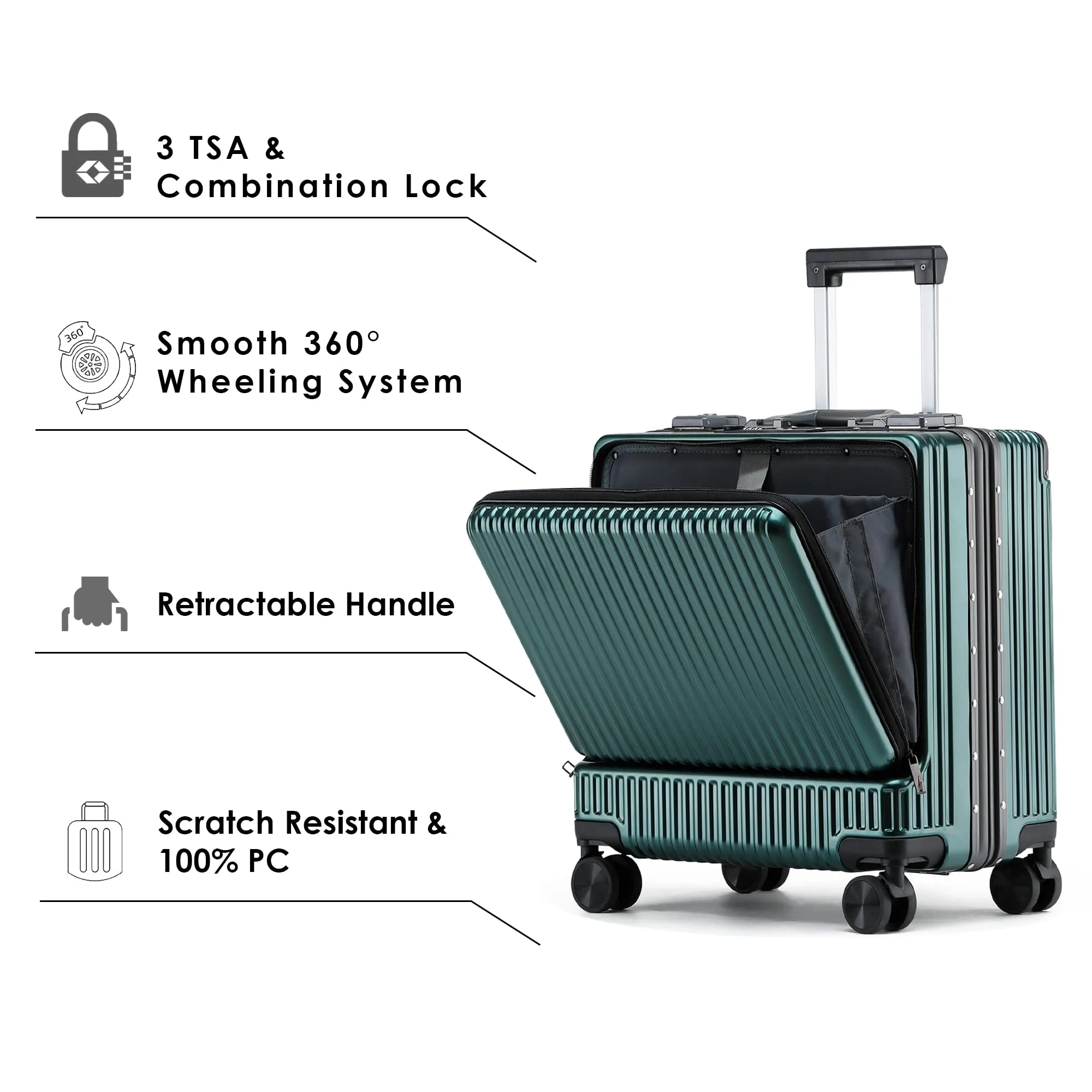 THE CLOWNFISH JetSetter Series Carry-On Luggage PolyCarbonate Hard Case Suitcase Eight Spinner Wheel 14 inch Laptop Trolley Bag with TSA Lock & USB Charging port- Dark Green (47 cm-18.5 inch)