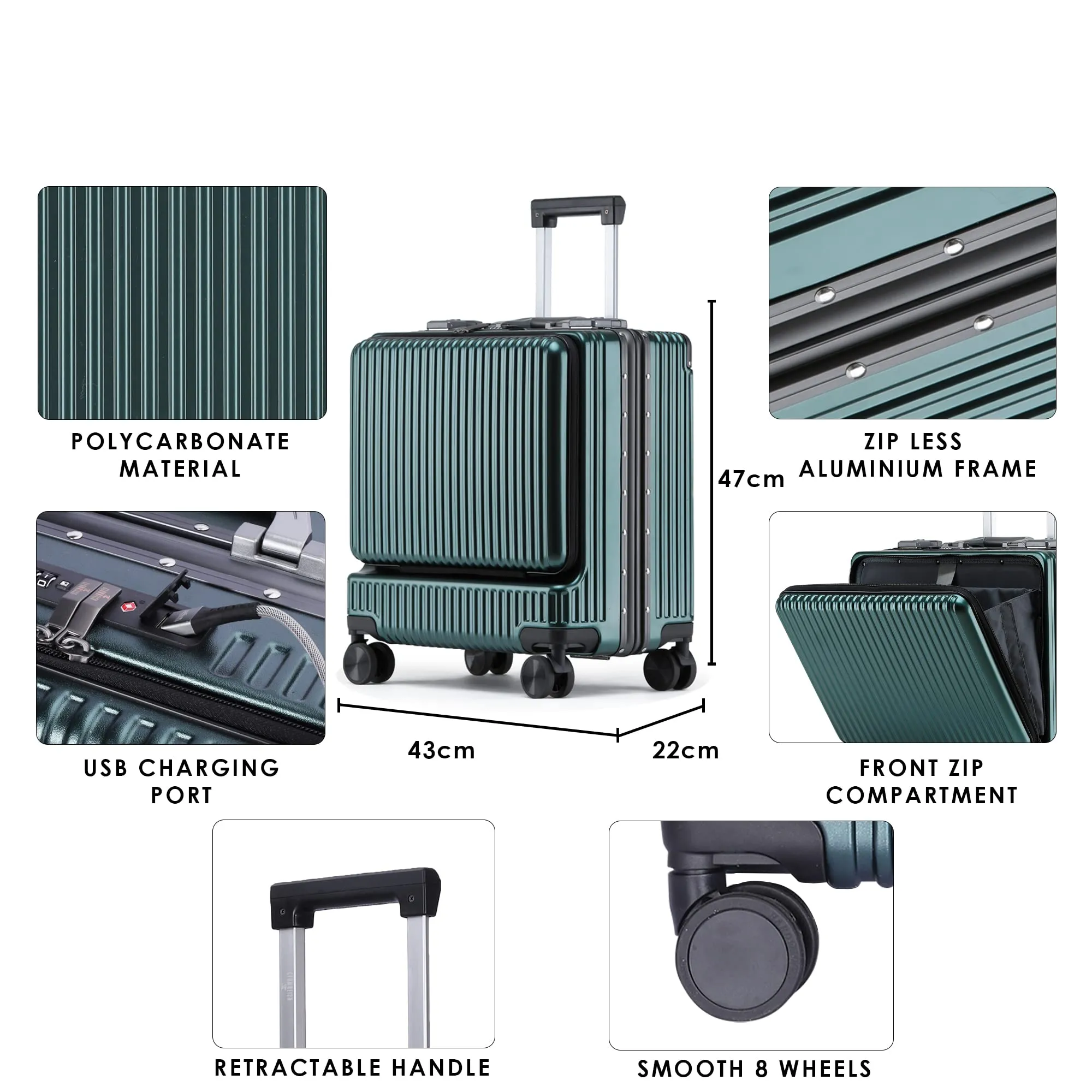 THE CLOWNFISH JetSetter Series Carry-On Luggage PolyCarbonate Hard Case Suitcase Eight Spinner Wheel 14 inch Laptop Trolley Bag with TSA Lock & USB Charging port- Dark Green (47 cm-18.5 inch)