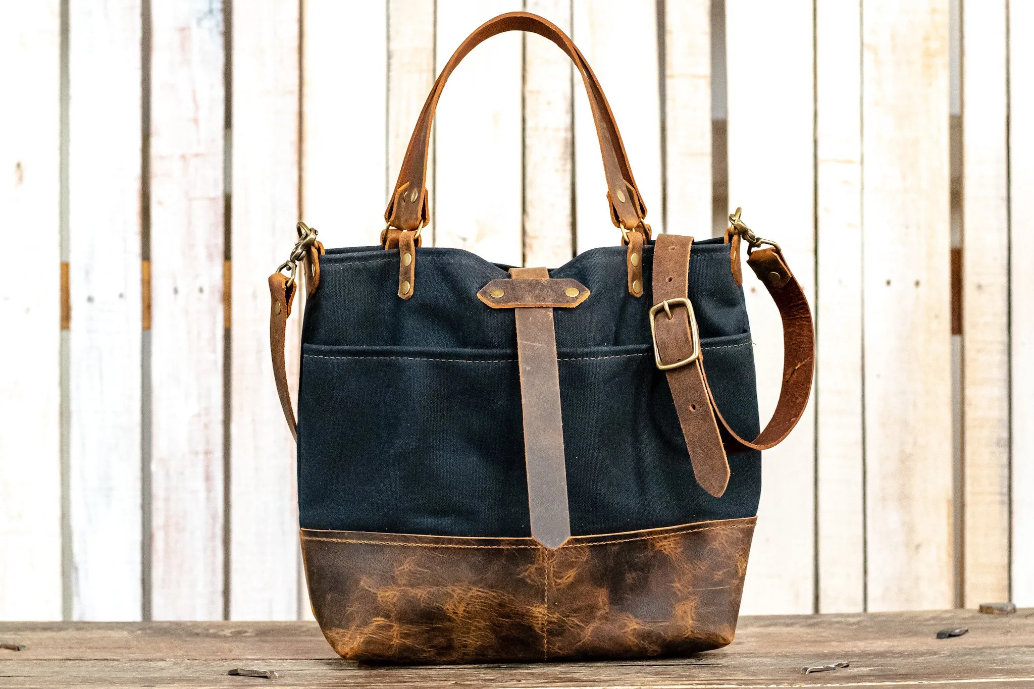 The ML Leather and Waxed Canvas Tote | Medium Tote | Made in USA | Extra Pockets