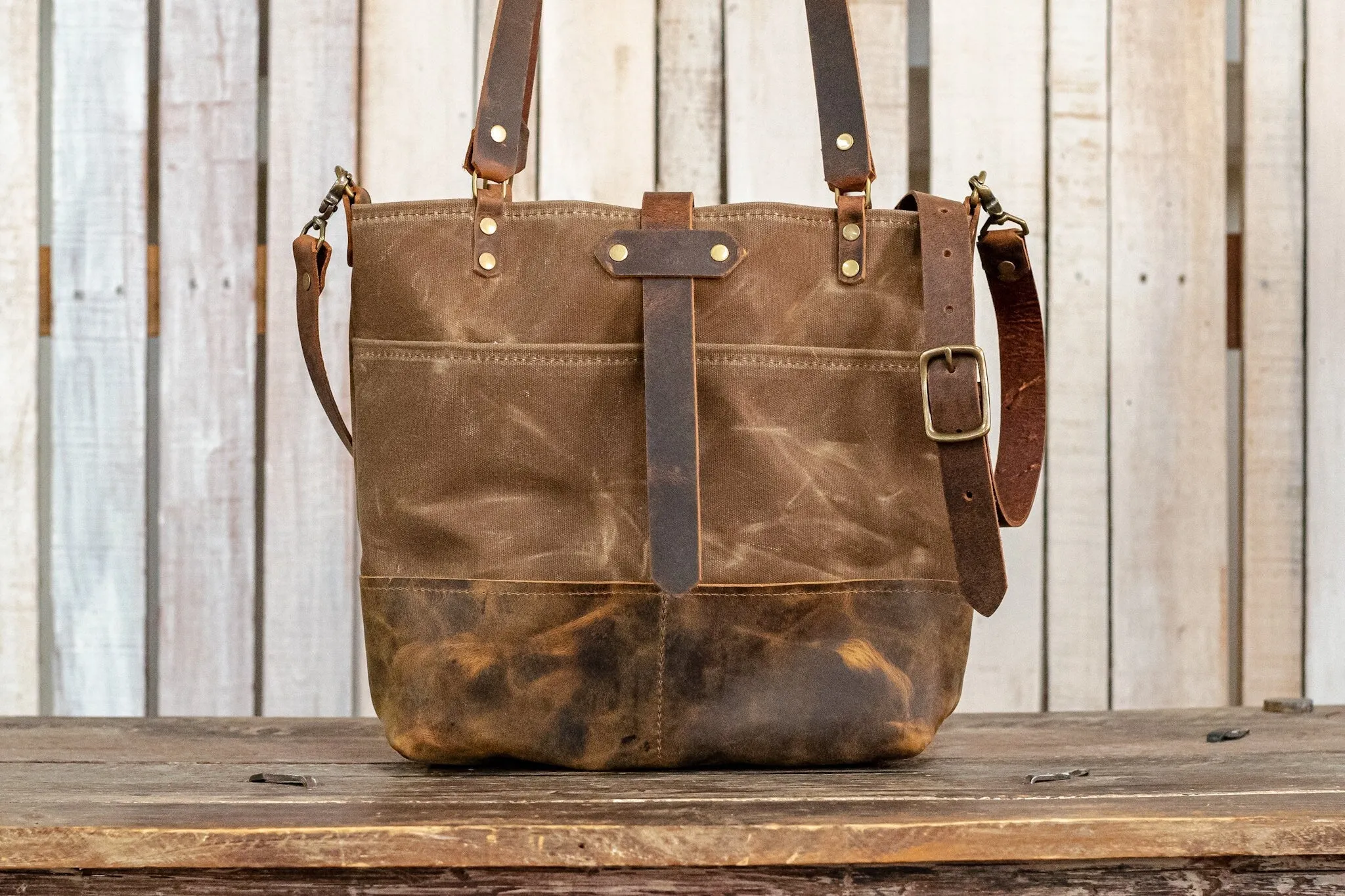 The ML Leather and Waxed Canvas Tote | Medium Tote | Made in USA | Extra Pockets