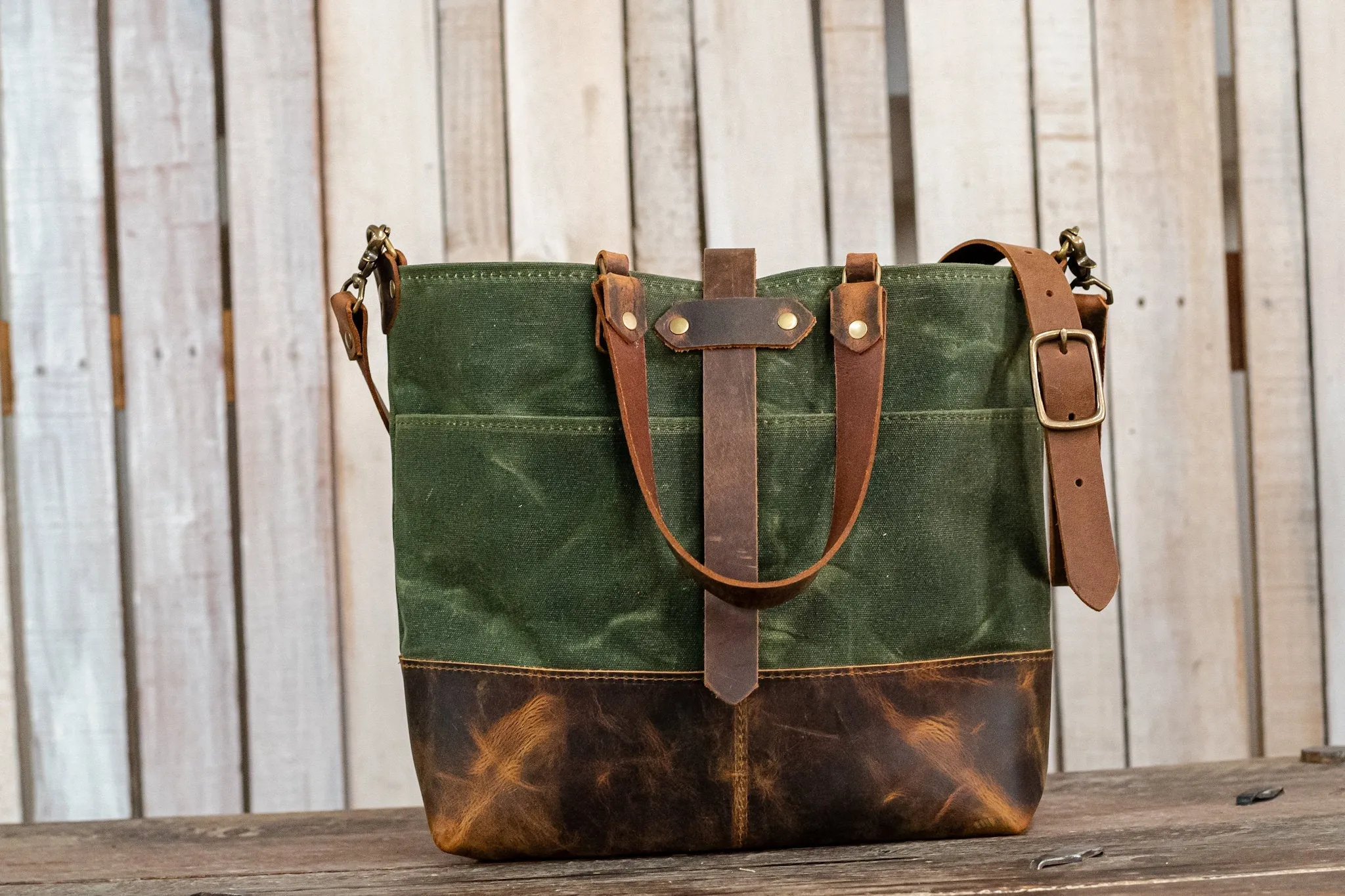 The ML Leather and Waxed Canvas Tote | Medium Tote | Made in USA | Extra Pockets